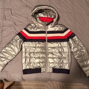 Tommy Hilfiger Silver Hooded Puffer Jacket with Stripes